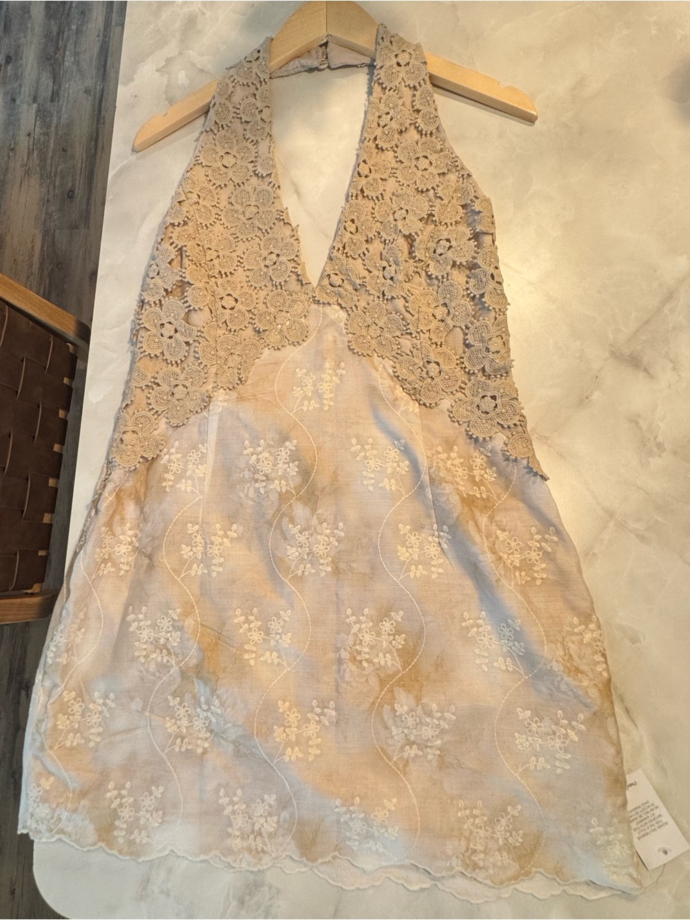 PrettyLittleThing Beige Lace Halter Mini Dress